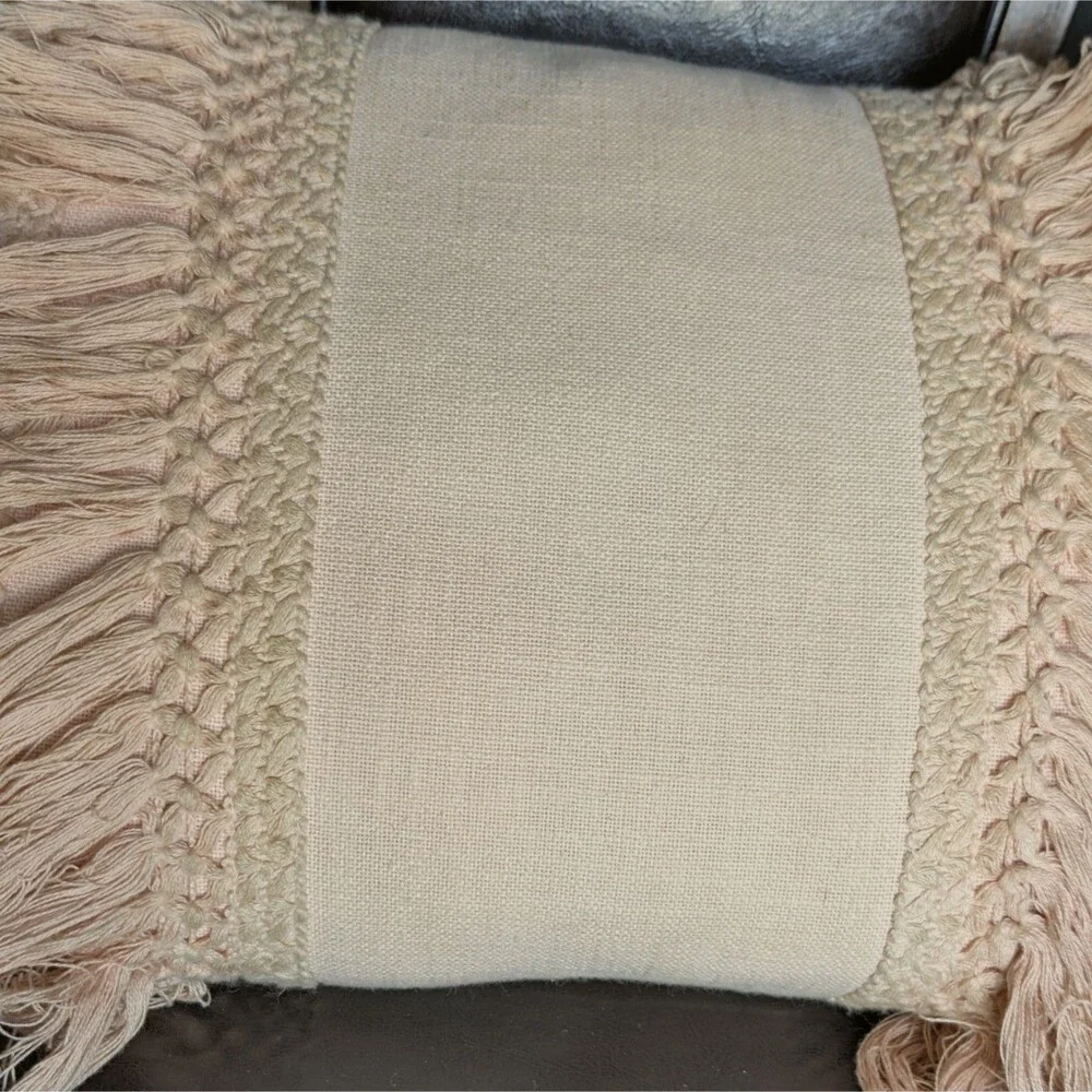Macrame Fringe Blush Pink Decorative Oblong Throw Pillow 10x18